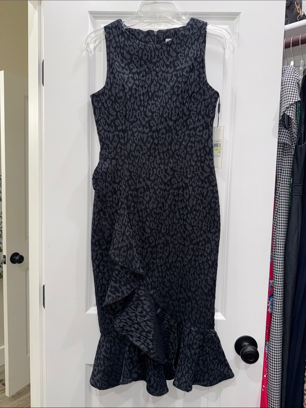 Calvin Klein Black Leopard-Print Ruffle Midi Dress